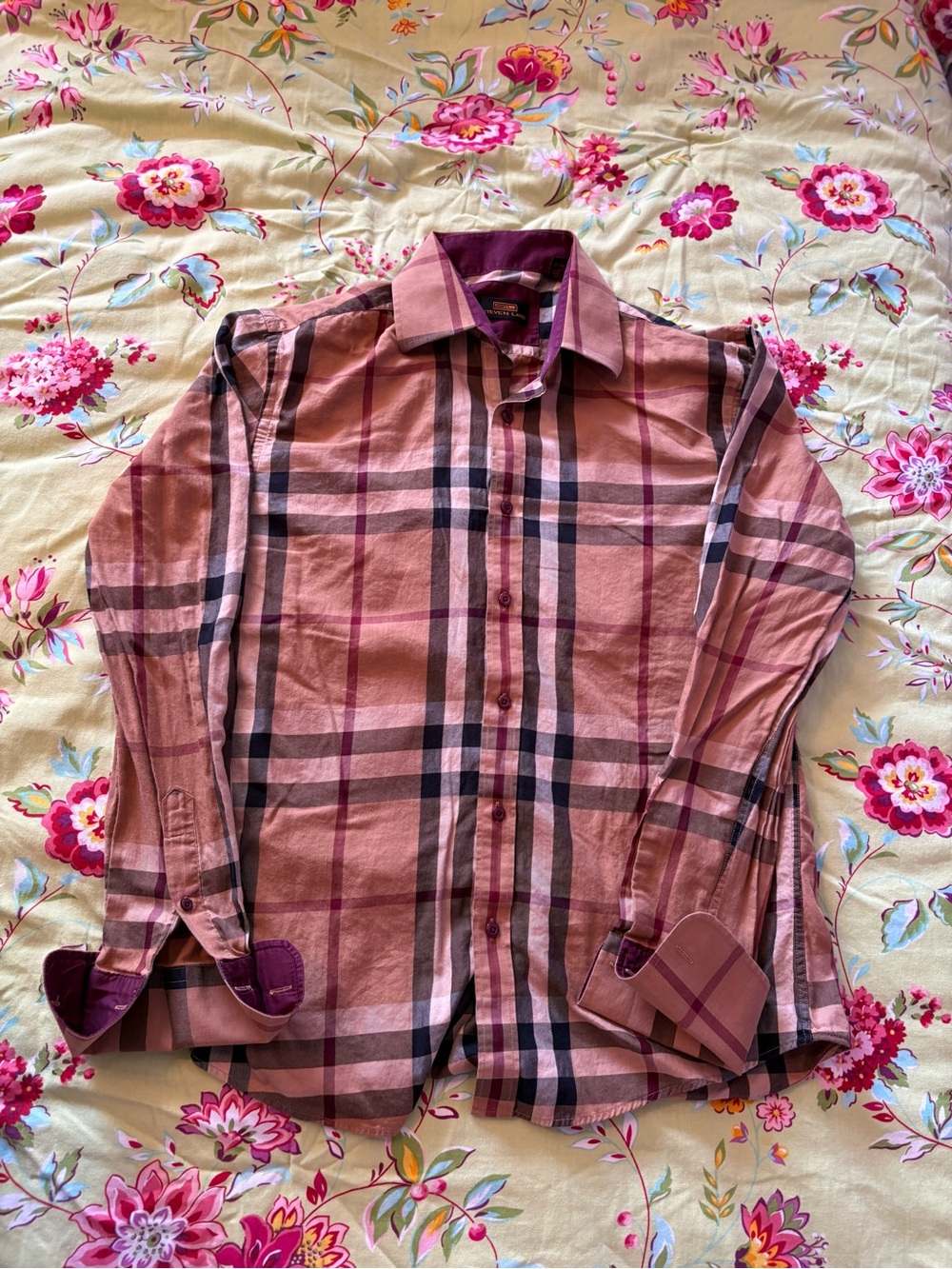 Steve Land brown burgundy plaid button down shirt Large 15 1/5 34/35 30x22 EUC
